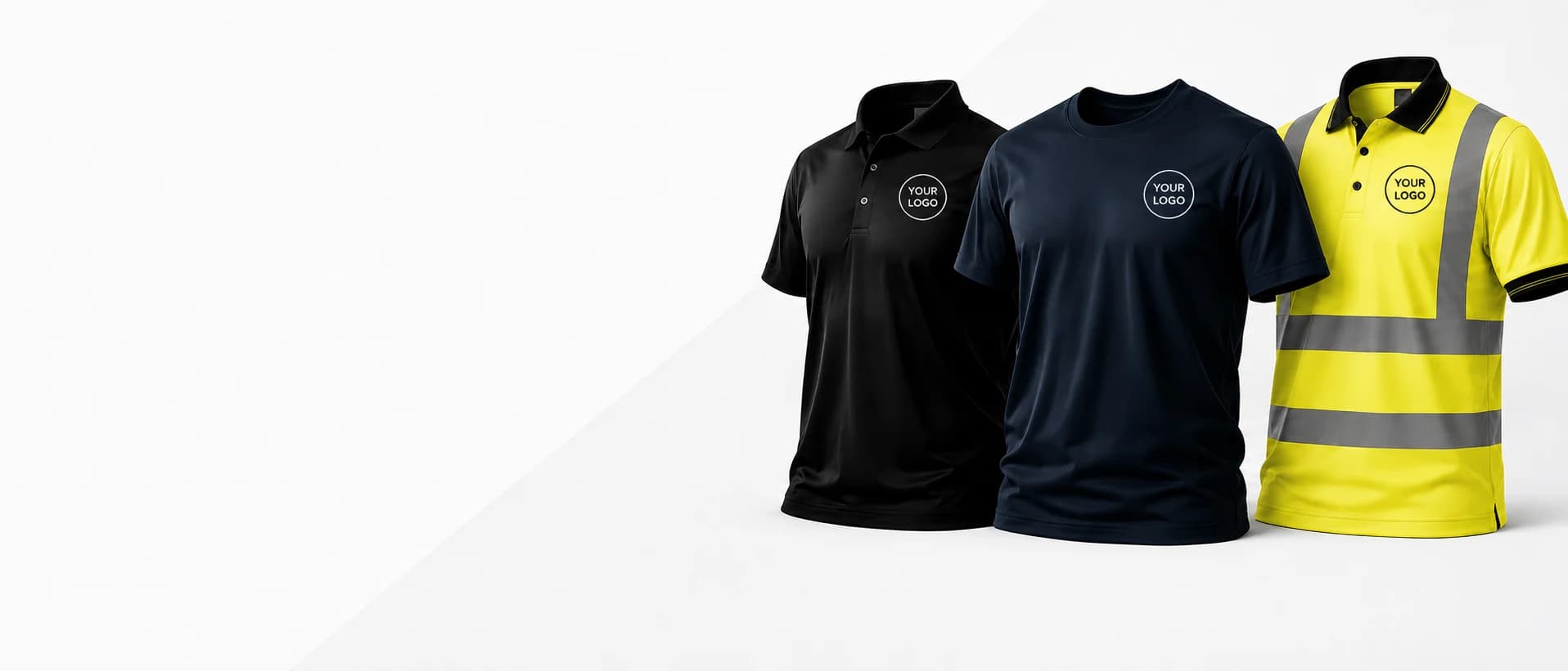 Black polo, navy t-shirt and hi-vis polo with your company logo — custom branded workwear printing in Guildford
